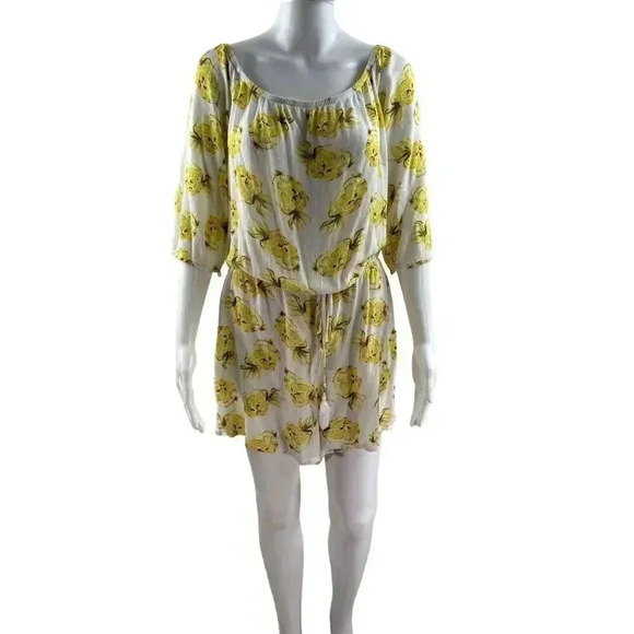 White House Black Market Pineapple print romper L Off Shoulder tie belt tassels - Picture 3 of 15